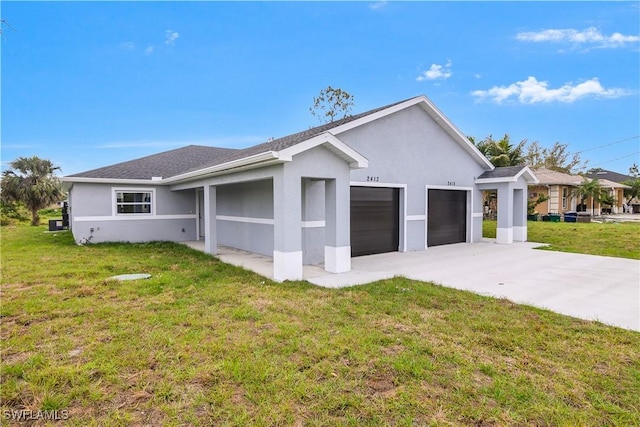 ranch-style house featuring a garage, concrete driveway, a front yard, and stucco siding