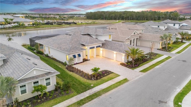 bird's eye view featuring a water view and a residential view