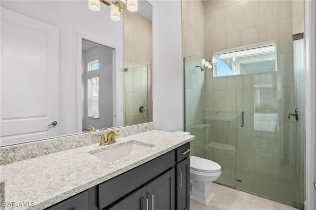 bathroom with a stall shower, tile patterned flooring, vanity, and toilet