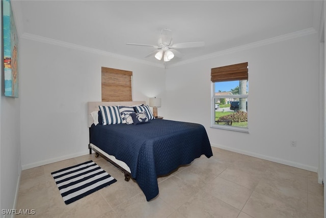 tiled bedroom featuring baseboards, ornamental molding, and a ceiling fan