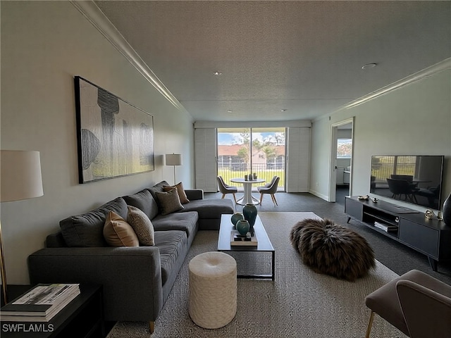 carpeted living area with crown molding, a textured ceiling, and baseboards