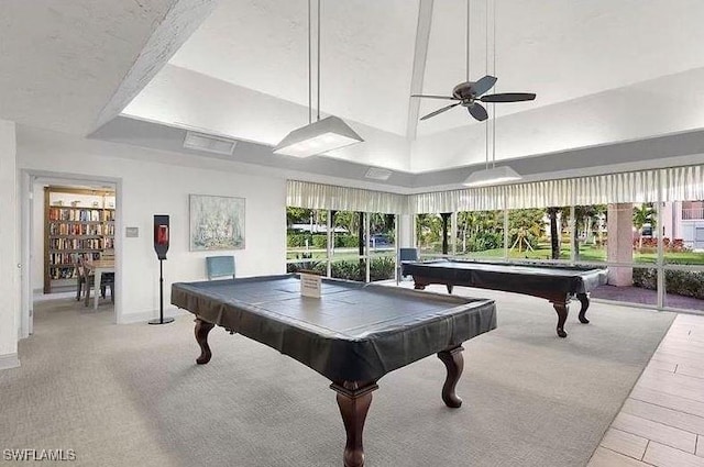 game room featuring a ceiling fan, pool table, and baseboards