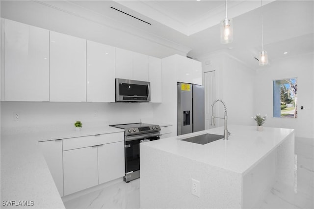 kitchen featuring marble finish floor, modern cabinets, stainless steel appliances, and a sink