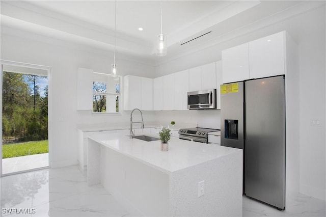 kitchen with marble finish floor, appliances with stainless steel finishes, a sink, and white cabinets