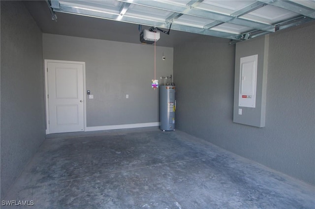 garage with a garage door opener, electric panel, and water heater