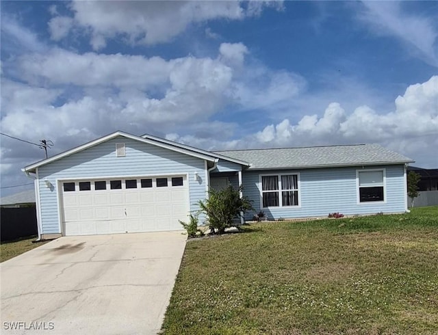 ranch-style home featuring a garage, driveway, and a front lawn