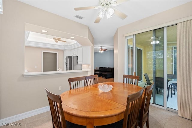 dining area with light tile patterned floors, a ceiling fan, baseboards, visible vents, and recessed lighting