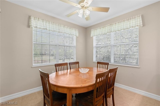 dining area with a wealth of natural light, baseboards, and light tile patterned floors