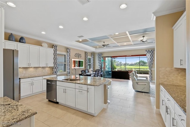 kitchen featuring a sink, coffered ceiling, open floor plan, stainless steel appliances, and ceiling fan