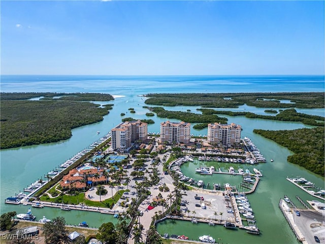 drone / aerial view featuring a water view and a city view