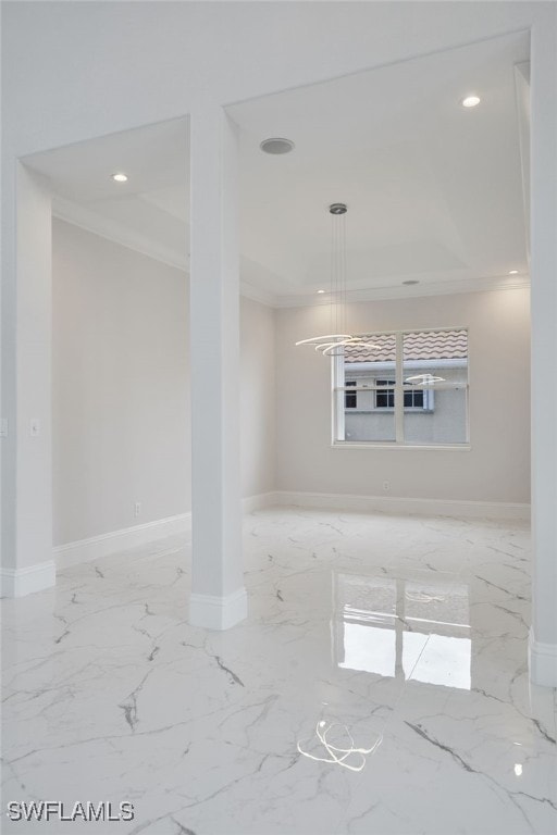 unfurnished room featuring recessed lighting, marble finish floor, and ornamental molding