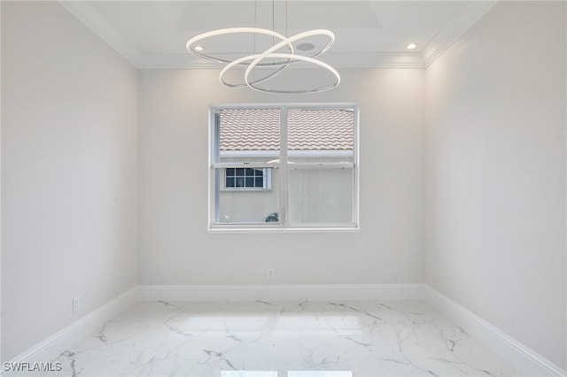 spare room with recessed lighting, baseboards, and crown molding