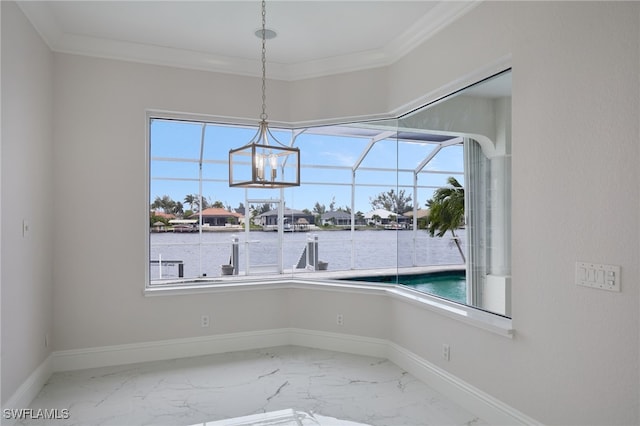 unfurnished dining area featuring marble finish floor, baseboards, and a water view