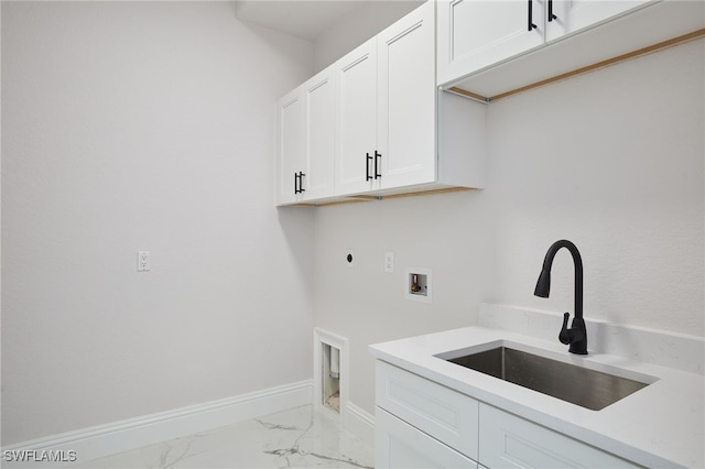 laundry room featuring hookup for a washing machine, cabinet space, a sink, electric dryer hookup, and marble finish floor