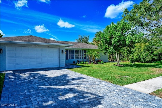 ranch-style house featuring brick siding, decorative driveway, an attached garage, and a front lawn