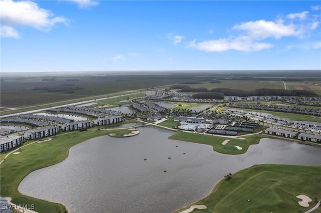 birds eye view of property featuring a water view and golf course view