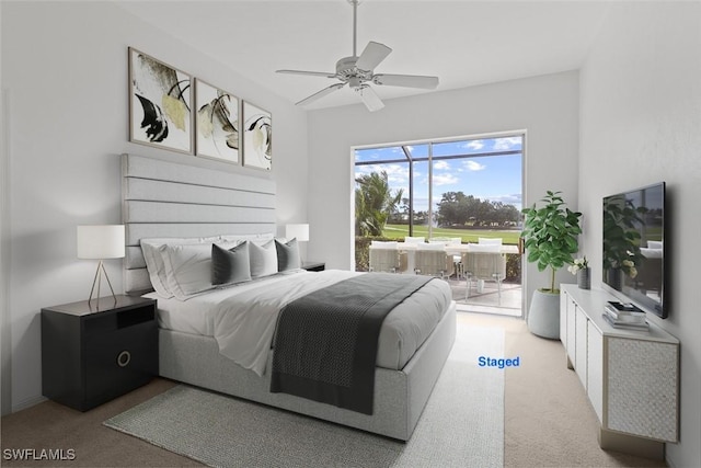 10391 Quail Crown Dr Unit 34, Naples, FL 34119 - bedroom featuring light carpet, access to exterior, and ceiling fan