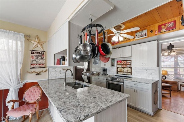 kitchen with electric stove, a sink, light wood-style floors, a peninsula, and decorative backsplash