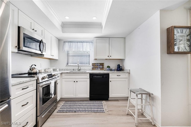 kitchen featuring a tray ceiling, ornamental molding, stainless steel appliances, white cabinetry, and a sink