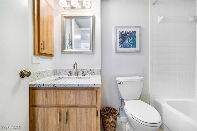 full bath featuring vanity, shower / tub combination, and toilet