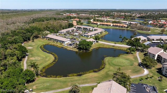 aerial view featuring a water view and view of golf course