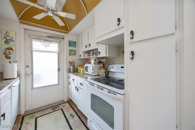 kitchen featuring white appliances, decorative backsplash, ceiling fan, white cabinetry, and open shelves