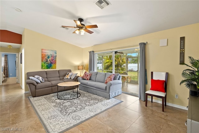 living room featuring baseboards, visible vents, lofted ceiling, ceiling fan, and tile patterned floors