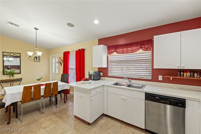 kitchen featuring visible vents, light countertops, a peninsula, stainless steel dishwasher, and a sink