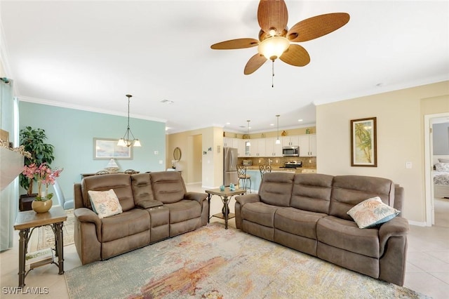 20433 Cypress Shadows Blvd, Estero, FL 33928 - living room featuring light tile patterned floors, crown molding, a ceiling fan, and baseboards
