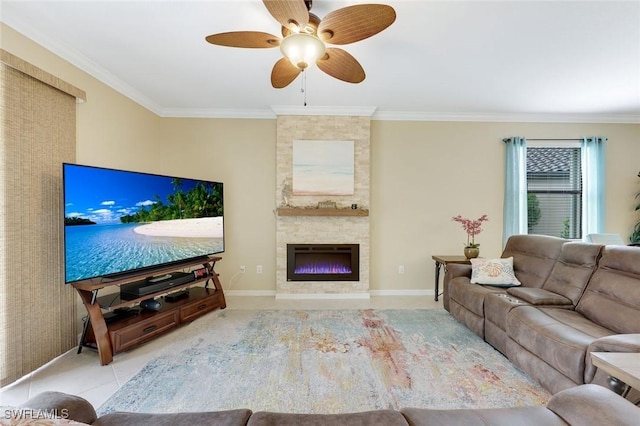 20433 Cypress Shadows Blvd, Estero, FL 33928 - tiled living room with ornamental molding, ceiling fan, a large fireplace, and baseboards