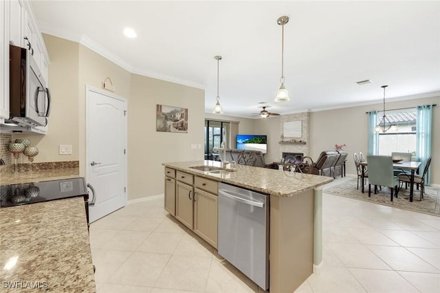 kitchen featuring stainless steel appliances, a large fireplace, crown molding, and a sink