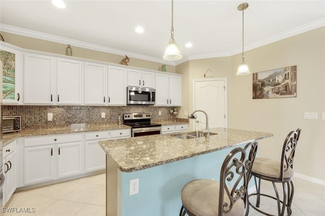20433 Cypress Shadows Blvd, Estero, FL 33928 - kitchen featuring appliances with stainless steel finishes, a sink, tasteful backsplash, light tile patterned flooring, and ornamental molding