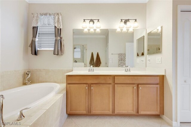 20433 Cypress Shadows Blvd, Estero, FL 33928 - full bath featuring a garden tub, double vanity, tile patterned flooring, and crown molding