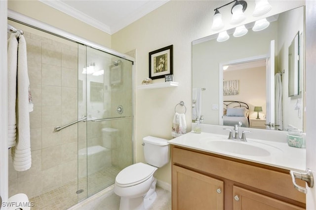 bathroom with toilet, ornamental molding, a shower stall, ensuite bath, and vanity