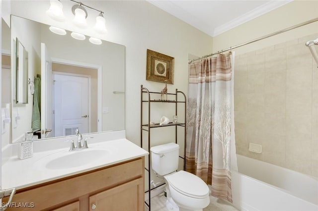 full bath featuring toilet, ornamental molding, shower / tub combo with curtain, and vanity