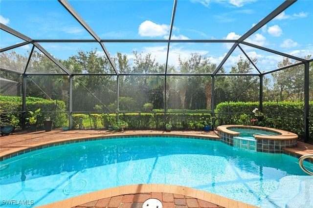 view of swimming pool with central air condition unit, a pool with connected hot tub, and a lanai