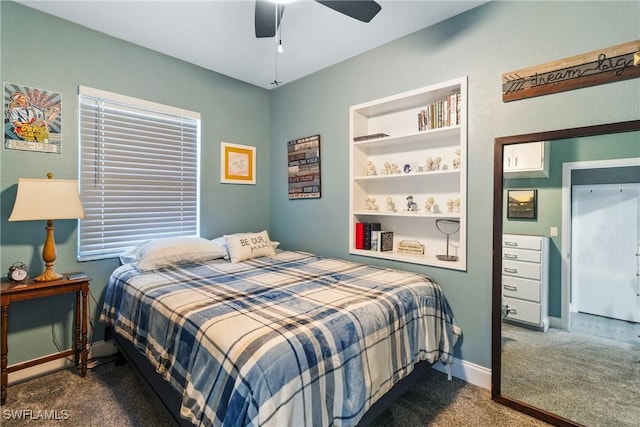 carpeted bedroom featuring a ceiling fan and baseboards