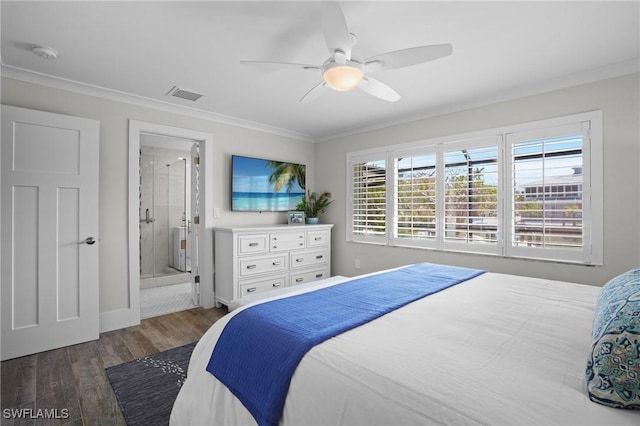 bedroom featuring ceiling fan, visible vents, crown molding, and wood finished floors