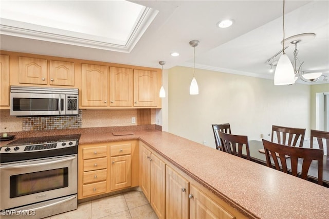 kitchen featuring light tile patterned floors, light brown cabinets, stainless steel appliances, and decorative backsplash