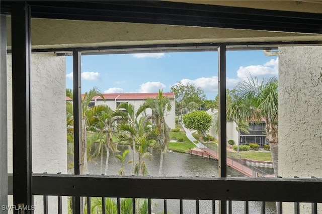 interior space featuring a water view