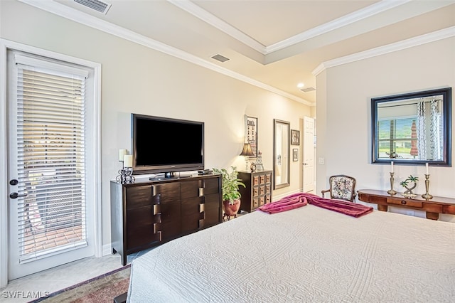 carpeted bedroom with visible vents, crown molding, and access to outside