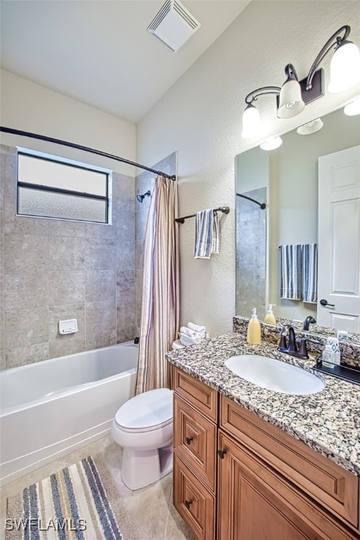 full bath featuring visible vents, toilet, tile patterned floors, vanity, and shower / bathtub combination with curtain