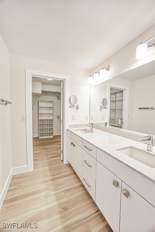 full bathroom featuring double vanity, a spacious closet, a sink, and wood finished floors