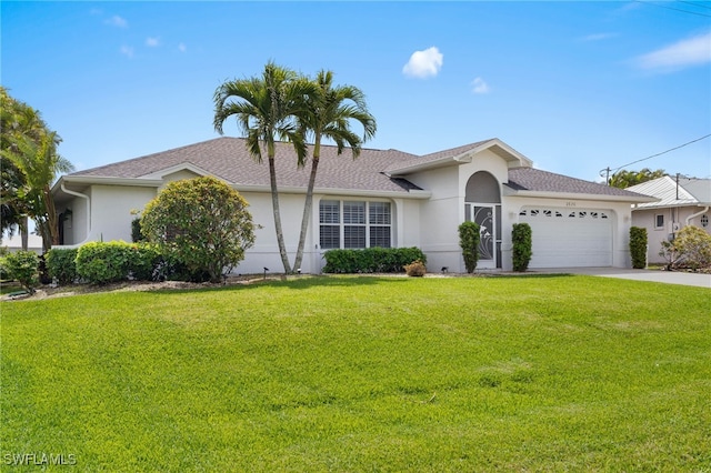 ranch-style home featuring a front lawn, concrete driveway, an attached garage, and stucco siding