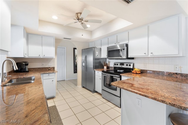 kitchen featuring stainless steel appliances, a tray ceiling, a sink, and tasteful backsplash