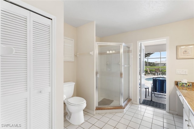 full bath featuring a stall shower, toilet, tile patterned floors, vanity, and a closet