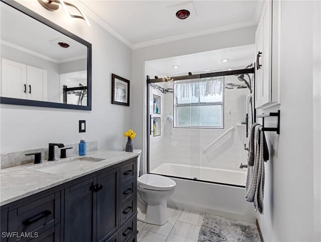 full bath featuring shower / bath combination with glass door, toilet, ornamental molding, and vanity