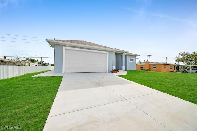 ranch-style house featuring concrete driveway, an attached garage, fence, a front lawn, and stucco siding