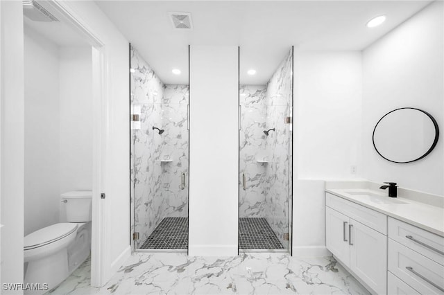 bathroom with toilet, recessed lighting, vanity, visible vents, and a marble finish shower