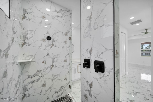 full bathroom with marble finish floor, stone wall, a marble finish shower, and visible vents